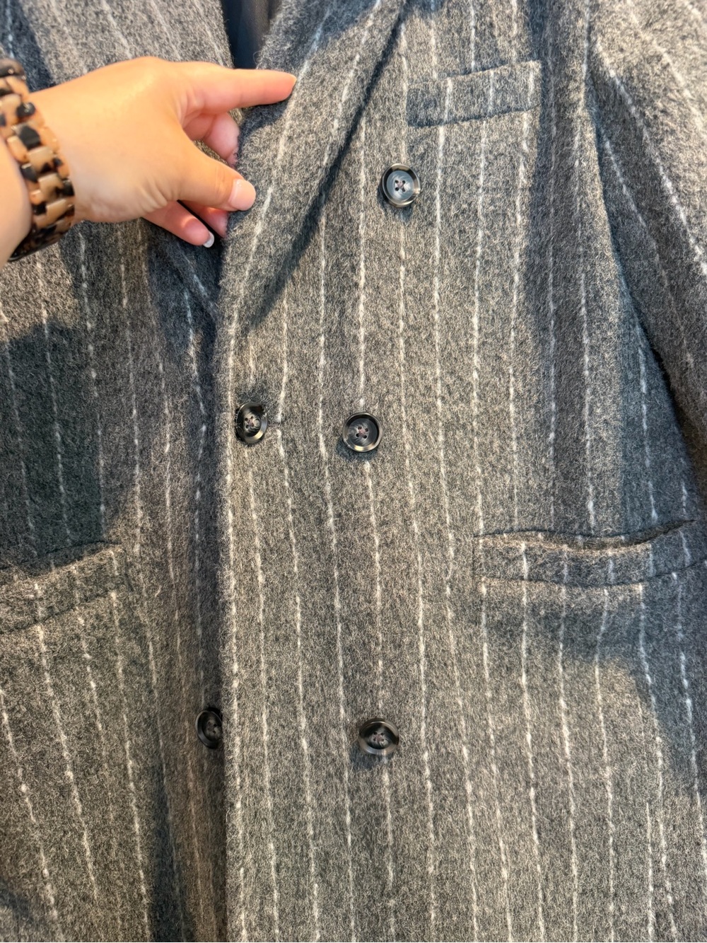 River Island Grey Pinstripe Double-Breasted longline Coat - Picture 4 of 8